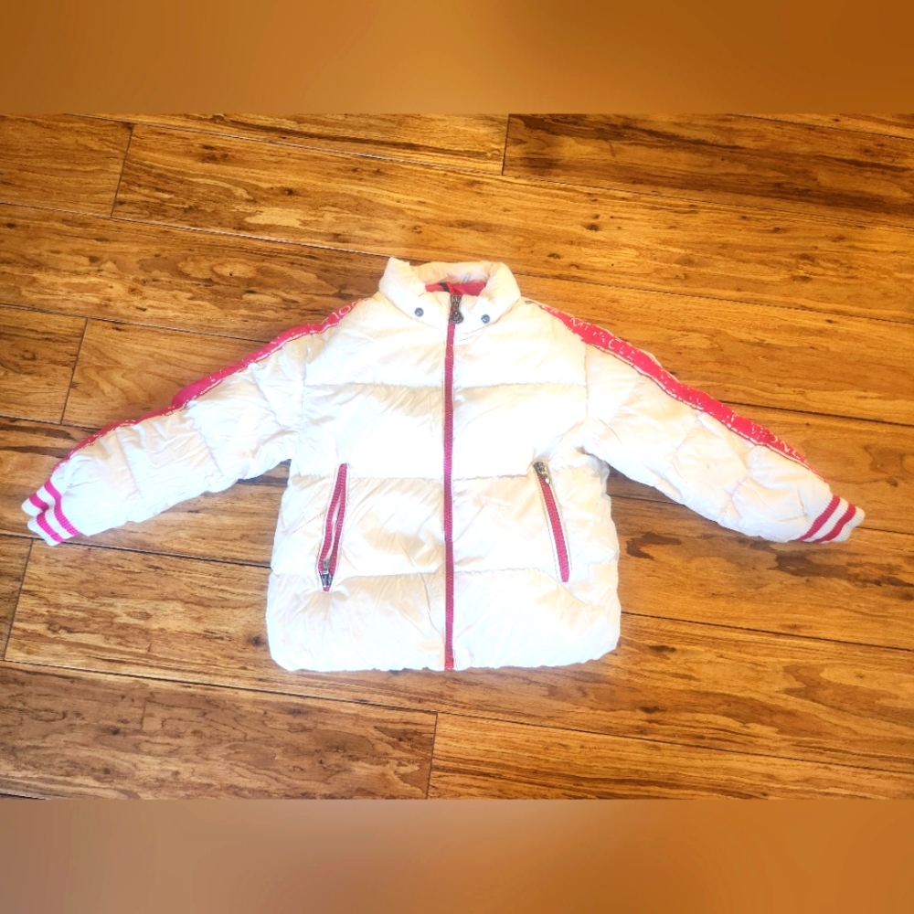 moncler puffer jacket white with pink accents kids, 6T
